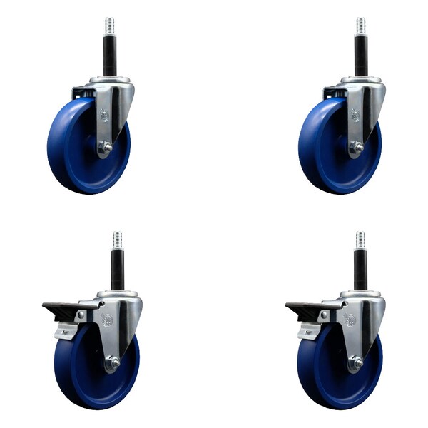 5'' Solid Poly Wheel Swivel 3/4'' Expanding Stem Caster Set 2 Brakes, 4PK